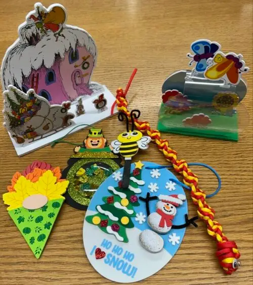 variety of themed craft projects on a table
