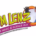 Jim Lenz The Magic & Science Guy logo with photo of Jim wearing a white lag coat, goggles, and black gloves