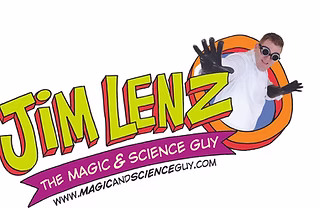 Jim Lenz The Magic & Science Guy logo with photo of Jim wearing a white lag coat, goggles, and black gloves