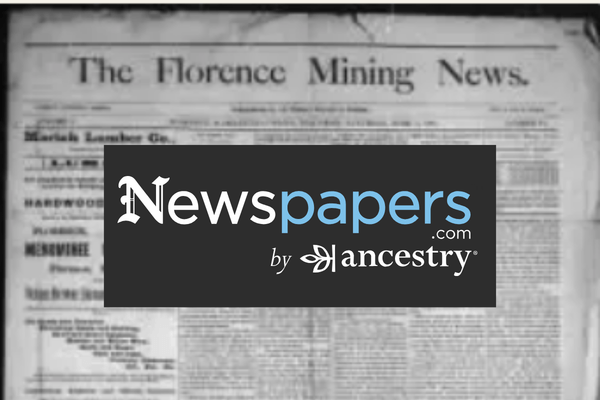 Newxpapers.com by Ancestry logo, with old issue of The Florence Mining News in the background
